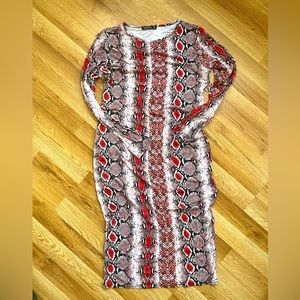 Red/Black/Cream Snakeskin Print Long Sleeve Bodycon Dress